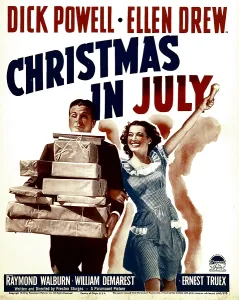 CHRISTMAS IN JULY, from left: Dick Powell, Ellen Drew on window card, 1940