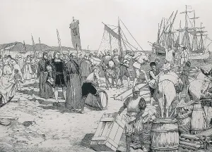 Columbus Prints: Christopher Columbus boarding in the harbour of Palos