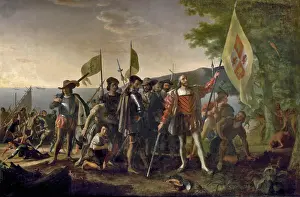 Columbus Prints: Christopher Columbus and his crew on a New World beach