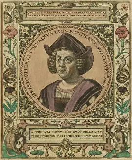 Columbus Prints: Christopher Columbus portrait decorated with a border of flowers and animals such as monkeys