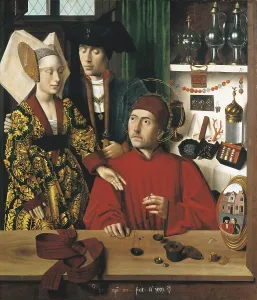 Christus, Petrus (1410-1475). Saint Eligius Goldsmith in his workshop. 1449. Flemish art. Oil on wood. UNITED STATES OF AMERICA. New York City. Metropolitan Museum of Art