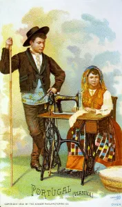 Sewing Prints: Chromolithograph depicting People from Portugal with a sewing machine