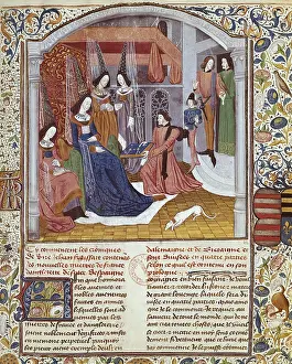 Chronicle by Jean Froissart. The author presenting his work to the Ducchess of Burgundy. Gothic art. Miniature Painting. FRANCE. Chantilly. Musee Conde (Conde Museum)
