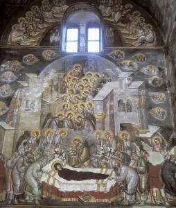 Church of Saint Panteleimon. 1295. MACEDONIA. Ohrid. Frescos depicting the Death of the Virgin. Late Byzantine art. AISA/Everett Collection**US SALES ONLY**