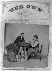 April Prints: Cigar makers. Two cigarmakers pictured with toabacco leaves and cigar boxes. 1869