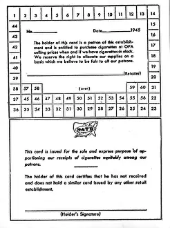 Cigarettes Prints: Cigarette rationing card, during WWII cigarette shortage
