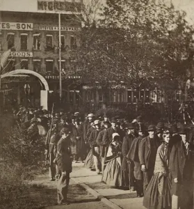 Assassination Prints: Citizens wait on the grounds of the Illinois State House to view the body of Abraham Lincoln on May 3-4