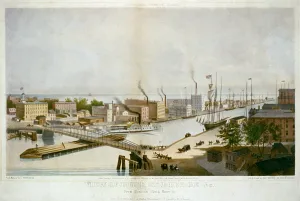 Lake Michigan Prints: The City of Chicago in 1861. Chicago Harbor with street traffic ships warehouses and the Rush Street Bridge