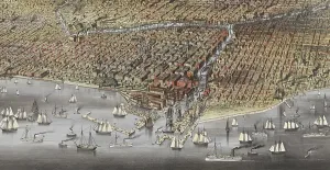 Chicago Prints: The City of Chicago in 1874. Chicago Harbor is built up with train tracks warehouses and docks for sail and steam ships