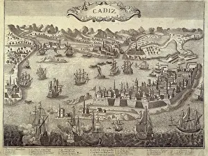 Harbors Prints: City and harbour of Cadiz. Engraving