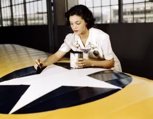Images Dated 1st August 2007: Civil service worker paints the American insignia on a US Navy airplane wing