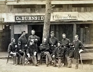 Rhode Island Prints: Civil War. Ambrose Everett Burnside with eight officers of the lst Rhode Island Volunteers in front of building