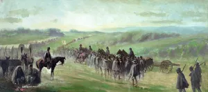 The Civil War. The battle of Gettysburg, Pursuit of Lee's army. Marching through the rain. Oil painting by Edwin Forbes. 1870-1890