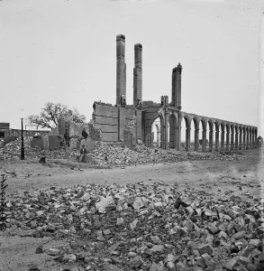 April Prints: The Civil War. Charleston, South Carolina. Ruins of North Eastern Railroad depot, 1865