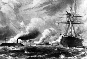 War Ship Prints: CIVIL WAR--Illustration depicting the first duel between the warships Merrimack and the Union's Monitor