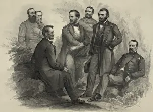 Porter Prints: US Civil War. Imagined scene of President Abraham Lincoln sitting on a rock talking with his victorious commanders
