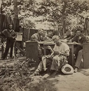 Sewing Prints: US Civil War, June 1861. Boston Light Artillery soldiers in camp at Relay House