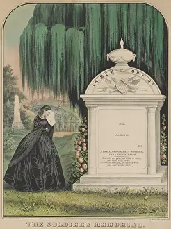 Shawl Prints: US Civil War memorial print depicting a young women mourning at tomb of Civil War soldier