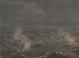 Drawing Prints: US Civil War night scene with many soldiers asleep on the ground in a field