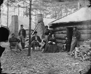 Log Cabin Prints: The Civil War, officers and a lady at headquarters of 1st Brigade