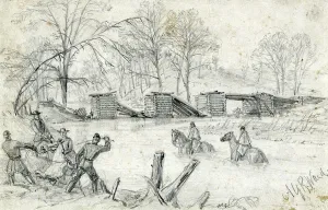 Waud Prints: The Civil War. Soldiers on horseback crossing a river near a collapsed bridge