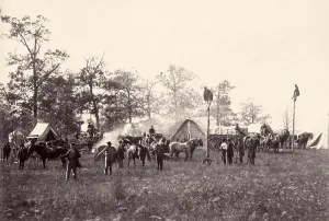 Climbing Prints: The Civil War. U.S. Military telegraph construction corps hanging a telegraph wire