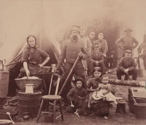 Stool Prints: The Civil War, woman with sleeves rolled up holding basket
