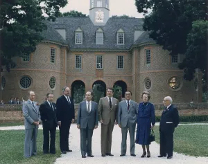 Williamsburg Prints: Class photo from the G-7 Economic Summit in Williamsburg Virginia left to right Pierre Trudeau Gaston Thorn Helmut Kohl