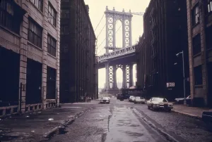 Bridges Prints: Classic view of the Manhattan Bridge Tower in Brooklyn. June 1974