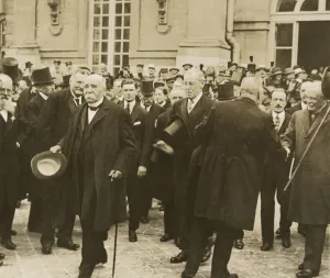 Armistice Prints: Clemenceau, Wilson, and Lloyd George leaving Palace of Versailles after signing Paris Peace Treaty