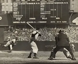 Pitcher Prints: Cleveland Indians, Bob Feller, pitching to New York Yankees Joe DiMaggio