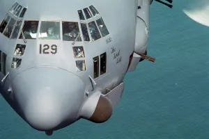 Proxy Wars Prints: Close-up view of an C-130 Hercules gunship flying during Ronald Reagan's operations against Nicaragua's leftist