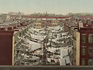 Dwellings Prints: Clothes drying on lines between New York City tenements at Park Avenue and 107th Street