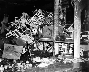 Burned Prints: Coconut Grove Nightclub Fire. Charred tables and chairs