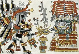 Codex Cospi. Circa 15th c. The god of darkness receiving offerings in his palace guarded by an owl. Ritual calendar ca. 15th century from Mixtec or Aztec culture
