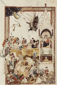 Codex Laurenziano. s.XV. Distribution of Grain in Orsanmichele. Renaissance art. Miniature Painting. ITALY. Florence. Biblioteca Medicea Laurenziana (Laurentian Library)