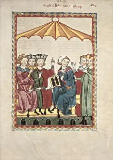 Miniatures Prints: Codex Manesse. 1300-1315. Miniature with representation by the poet Gottfried von Strassburg