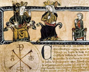 Codex of Tojos Outos (13th c.). From left to right, King Alfonso X the Wise, his wife Violante of Aragon and their son Ferdinand de la Cerda. Gothic art. Miniature Painting