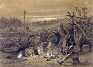 Campfire Prints: Coffee Coolers, illustration of men preparing coffee, by Edwin Forbes, circa 1876