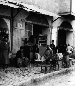 Phonograph Prints: Coffee shop with gramophone, Jerusalem, circa 1910s