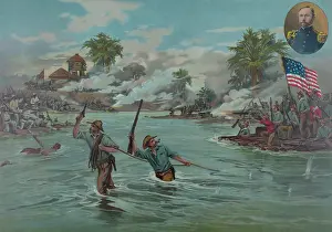Lcgr1706 Prints: Col. Funston and 20th Kansas volunteers crossing the Pampanga river under heavy fire