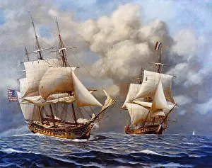 Shelling Prints: Combat between the USS Constellation and French frigate L'Insurgente on Feb. 9, 1799