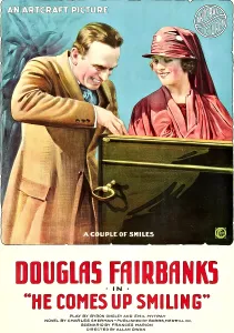 1918 Movies Prints: HE COMES UP SMILING, l-r: Douglas Fairbanks, Marjorie Daw on poster art, 1918