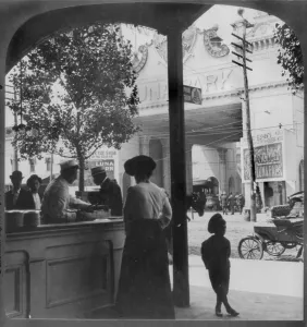 Amusement Park Prints: Coney Island, woman at hot dog stand outside Luna Park