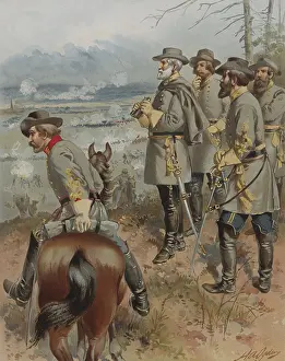 Robert E Prints: Confederate General Robert E. Lee standing on a ridge with other commanders