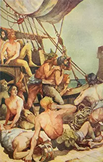Boats Prints: Conjectural scene depicting the Norse sighting `the North American coast