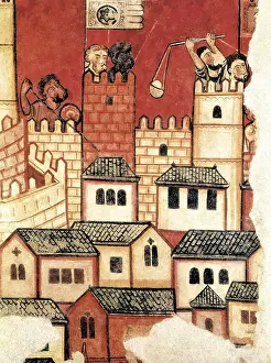 Frescoes Prints: The Conquest of Majorca. 1285 - 1290. Detail of the assault on the ciutat of Mallorca
