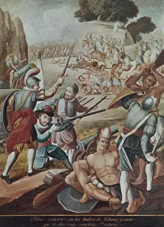 Colonies Prints: Conquest of Mexico: Hernando Cortes fight with the Indians of Tabasco in 1519