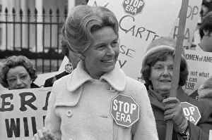 Protesters Prints: Conservative activist Phyllis Schlafly wearing a Stop ERA badge demonstrating with other women against the Equal Ri