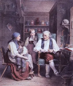 Offices Prints: The Consultation. A mother visits a doctor's office with her two children